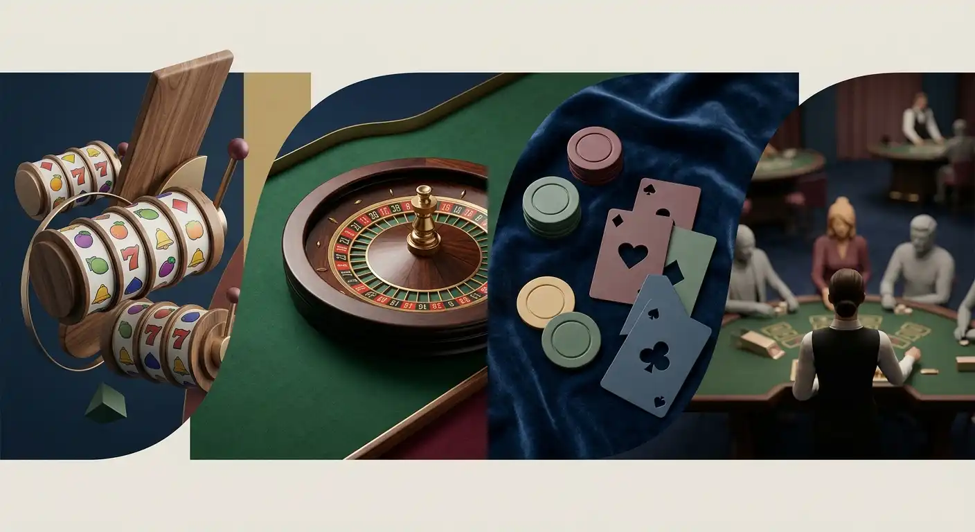 Abstraktní koláž slotů, rulety, blackjacku a live casino stolu bez skutečného herního rozhraní