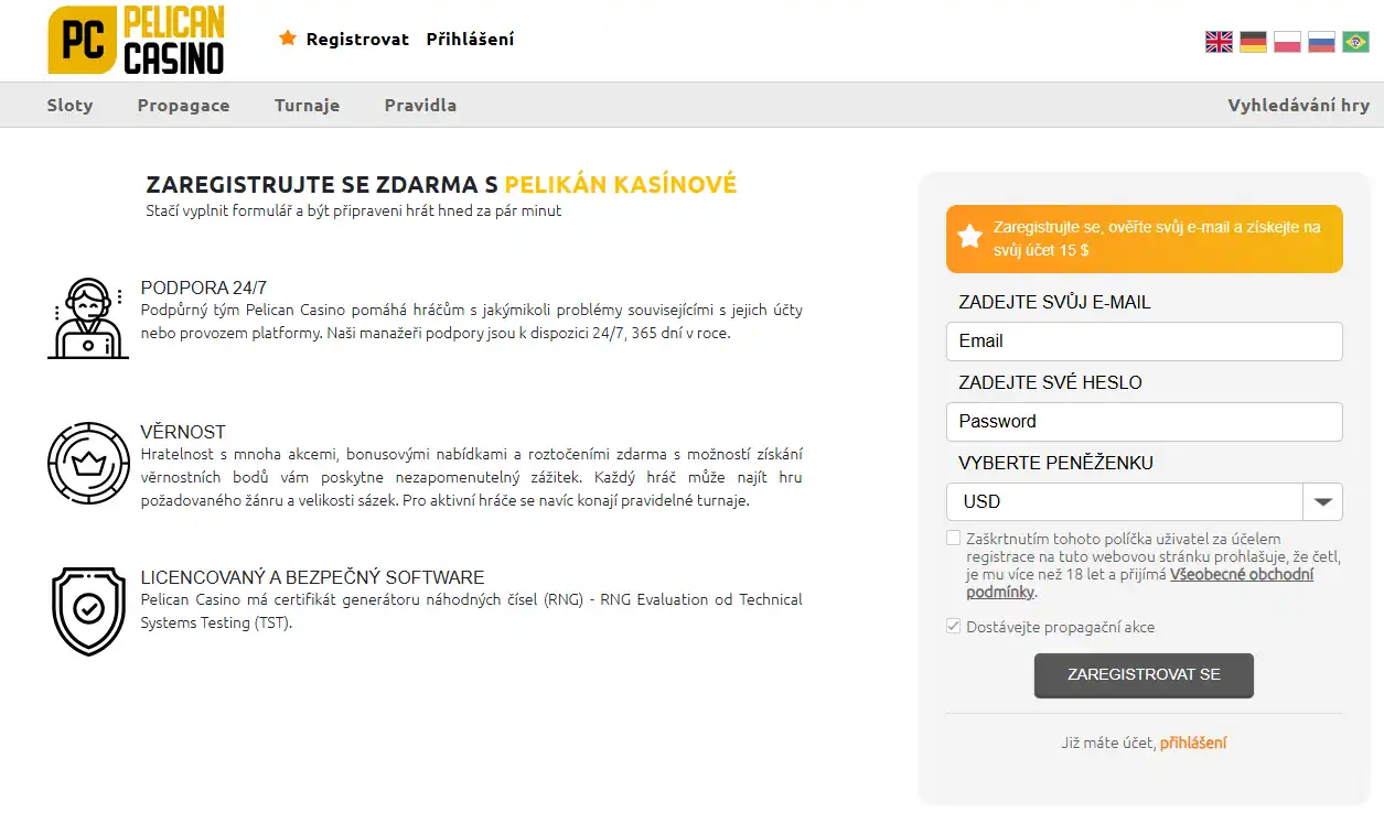 Registrační formulář Pelican Casino s volbou země, telefonní předvolby, měny a odkazem na podmínky
