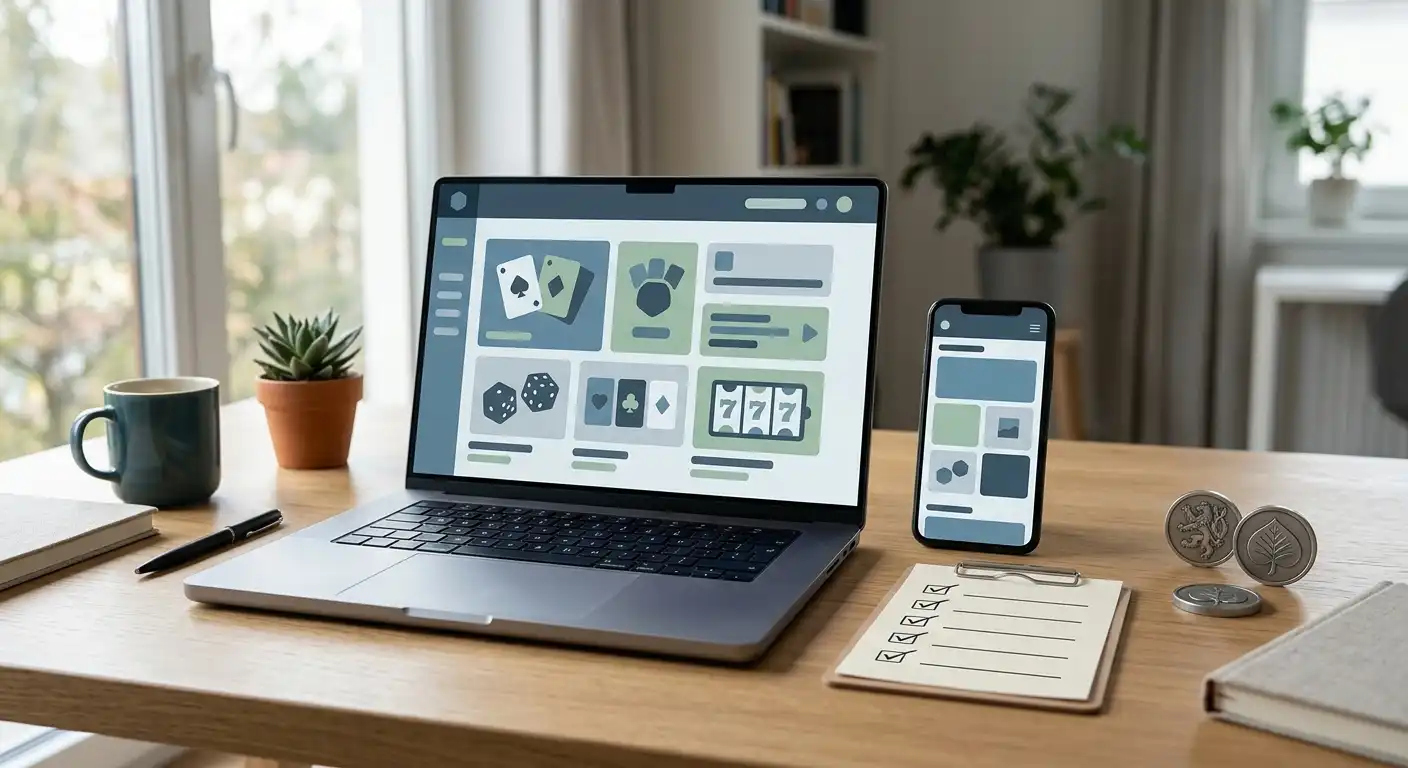 Ilustrační notebook a telefon s abstraktním rozhraním online kasina a českým kontrolním seznamem